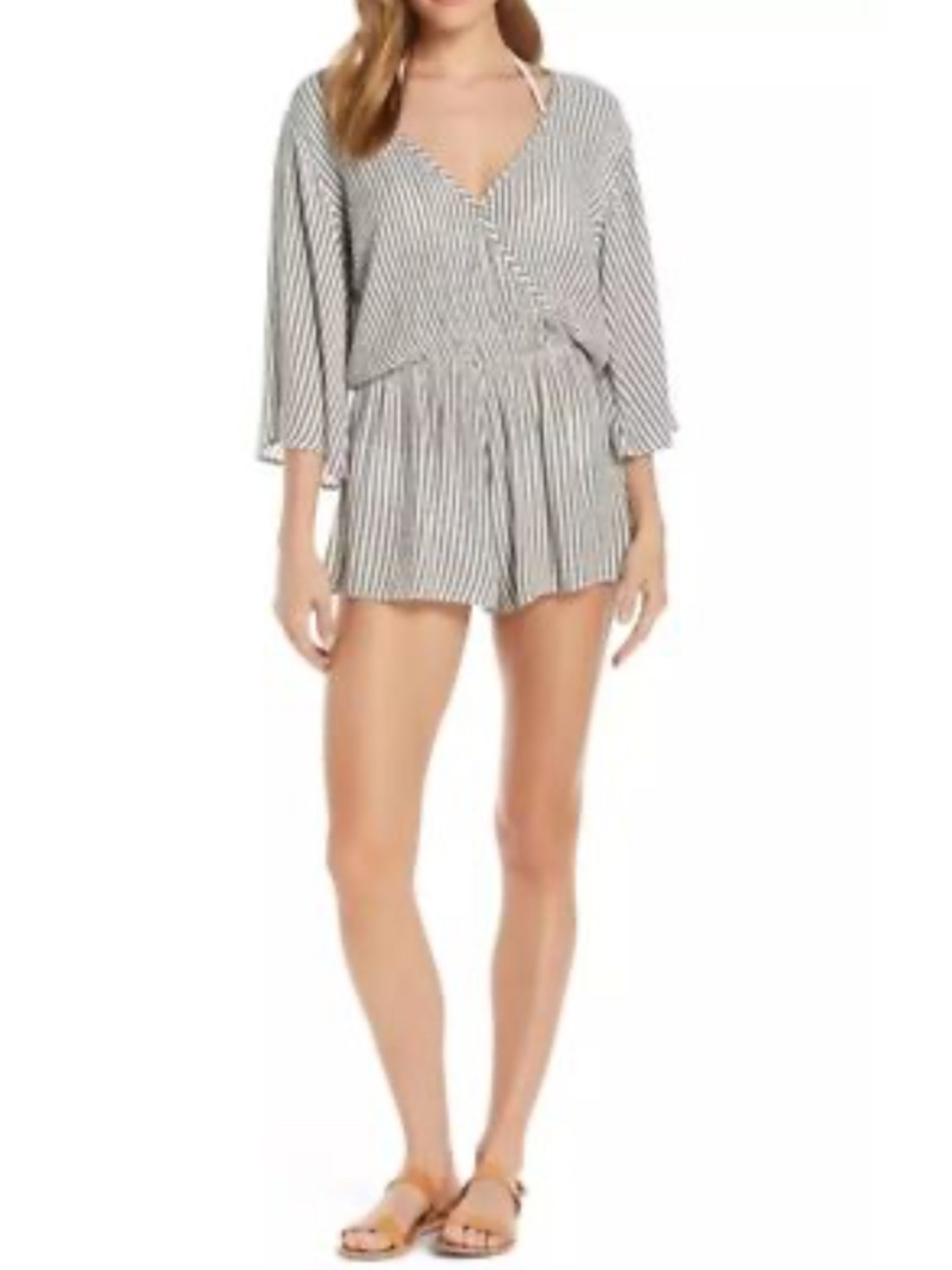 Elan Striped V-Neck Romper in Light Gray and White